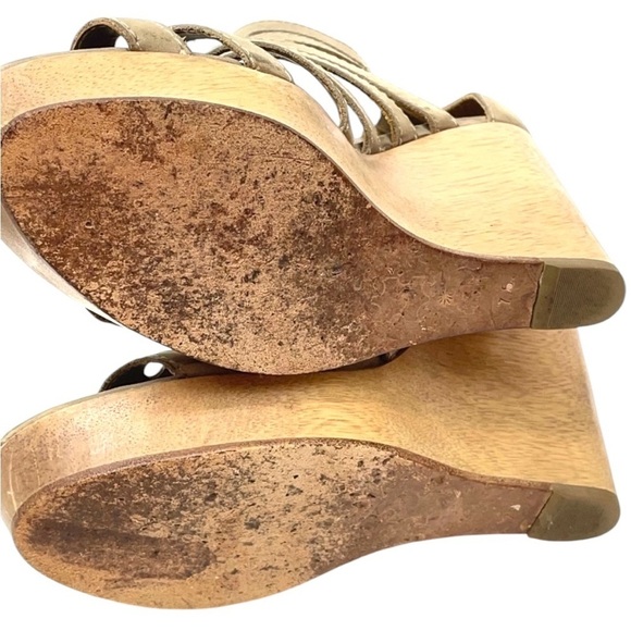 Cynthia Vincent Jett Wedge Leather Sandals 7.5 Buckle Heel Stones Cut Out - Picture 15 of 15